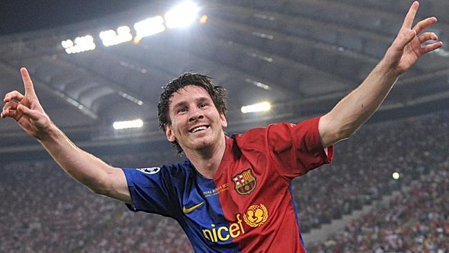 Barcelona's Lionel Messi celebrating after scoring against Manchester United during the final of the UEFA Champions League at the Olympic Stadium in Rome.