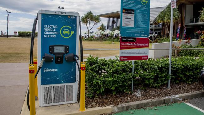 An electric vehicle charging station outside the Kurrawa Surf Club at Broadbeach, Queensland. Picture: Jerad Williams