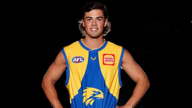 MELBOURNE, AUSTRALIA - NOVEMBER 24: Campbell Chesser of the Eagles poses for a photograph during the NAB AFL Draft at the London Tavern on November 24, 2021 in Melbourne, Australia. (Photo by Michael Willson/AFL Photos via Getty Images)