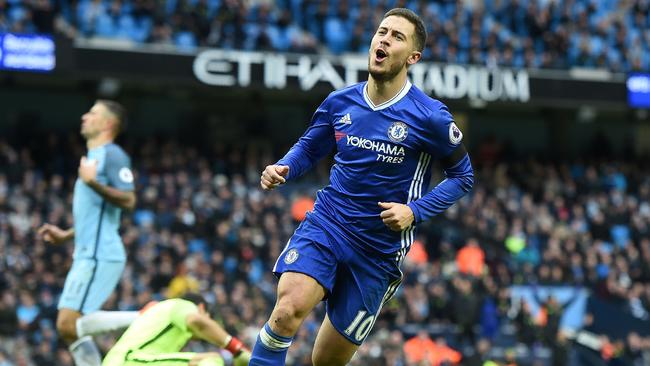 Chelsea's Belgian midfielder Eden Hazard celebrates scoring.