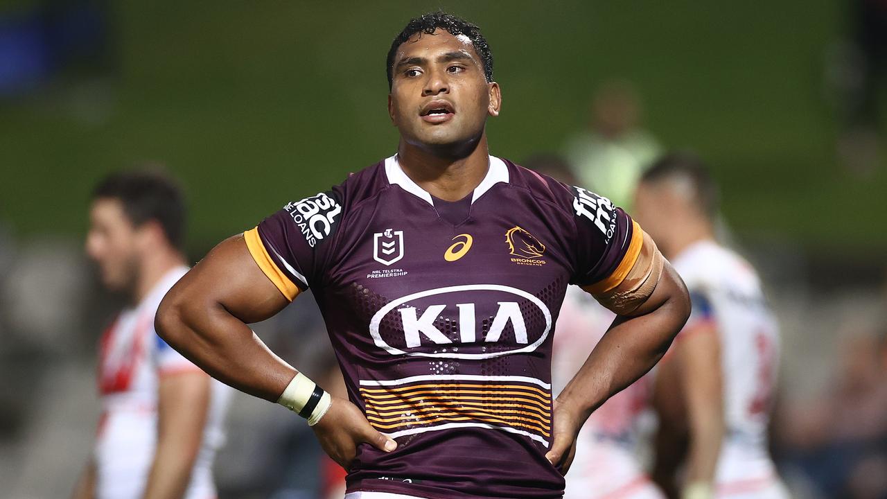 SYDNEY, AUSTRALIA – JUNE 03: Tevita Pangai-Junior of the Broncos is dejected after a try by Ben Hunt of the Dragons during the round 13 NRL match between the St George Illawarra Dragons and the Brisbane Broncos at Netstrata Jubilee Stadium on June 03, 2021, in Sydney, Australia. (Photo by Cameron Spencer/Getty Images)