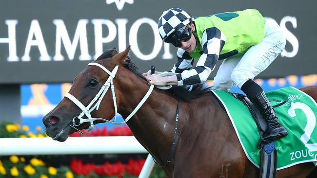 SYDNEY, AUSTRALIA - APRIL 13: James Mcdonald riding Zougotcha  wins Race 9 Grainshaker Vodka Queen of the Turf during Sydney Racing: The Championships at Royal Randwick Racecourse on April 13, 2024 in Sydney, Australia. (Photo by Jeremy Ng/Getty Images)