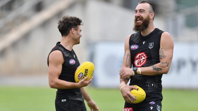 Karl Amon of Port Adelaide and Charlie Dixon of Port Adelaide during training at Alberton Oval Tuesday, March, 22,2022. Picture Mark Brake