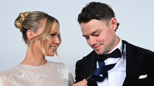 Brownlow medallist Lachie Neale with wife Jules. (Photo by Albert Perez/AFL Photos via Getty Images)