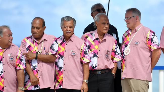 Kiribati's President Taneti Maamau, Cook Islands Prime Minister Henry Puna, Tonga's Prime Minister Akilisi Pohiva, Australia's Prime Minister Scott Morrison. Picture: AP