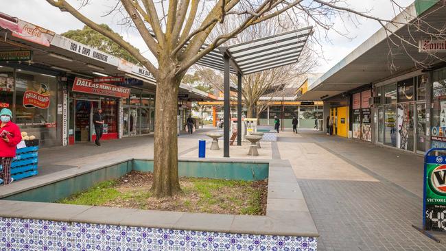 A shopping strip in the locked down suburb of Dallas was extremely quiet on the first day of the new restrictions. Picture: Getty