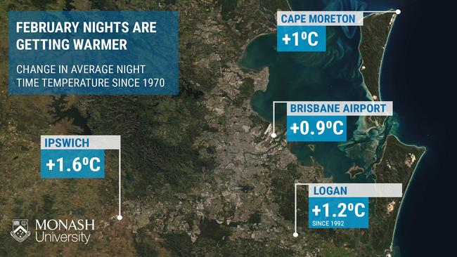 Four key weather stations across Brisbane have recorded an increase of around one degree in February's average night temperature. Cape Moreton, 25 February 2021, Source: Monash University.