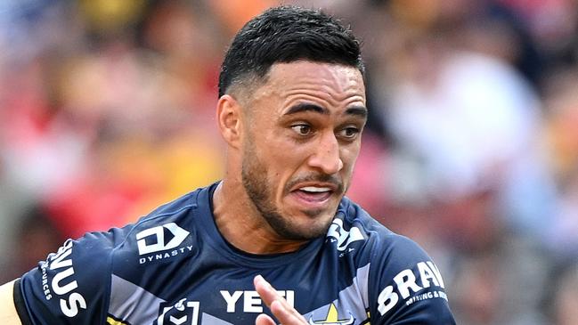 BRISBANE, AUSTRALIA - MARCH 10: Valentine Holmes of the Cowboys breaks through the defence during the round one NRL match between the Dolphins and North Queensland Cowboys at Suncorp Stadium, on March 10, 2024, in Brisbane, Australia. (Photo by Bradley Kanaris/Getty Images)