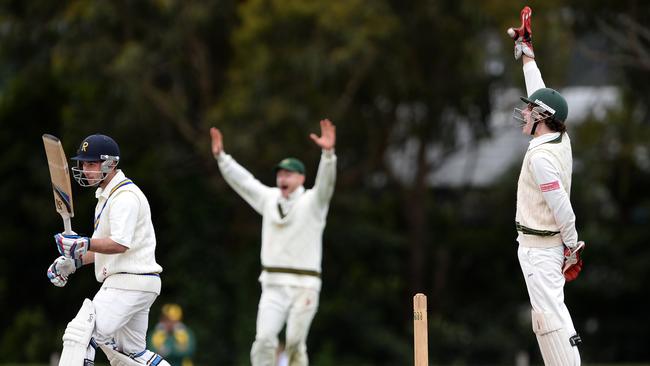 Blayde Baker (right) appeals for a wicket during one of his early seasons at Northcote.