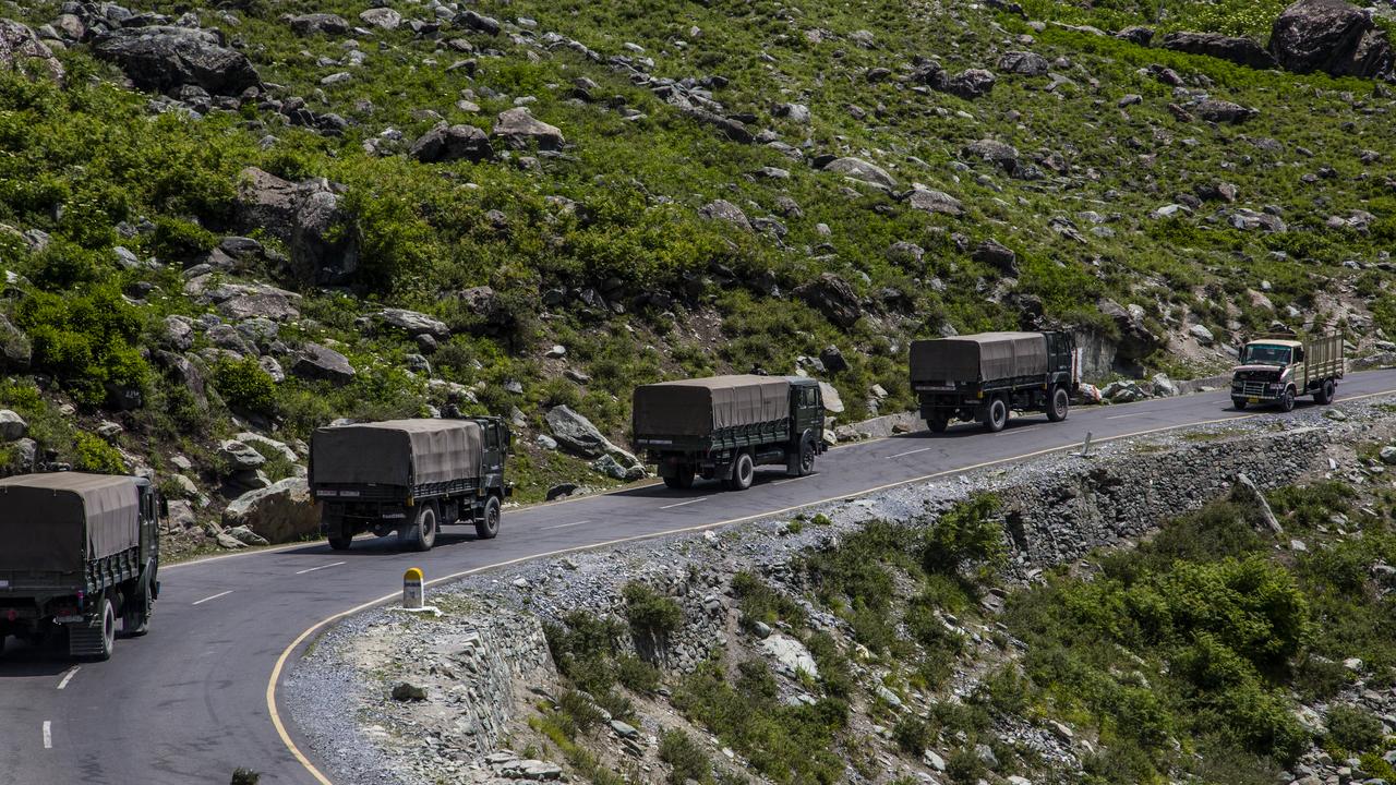 An Indian army convoy drives towards Leh, on a highway bordering China, on June 19, 2020 in Gagangir, India. Picture: Yawar Nazir/Getty Images