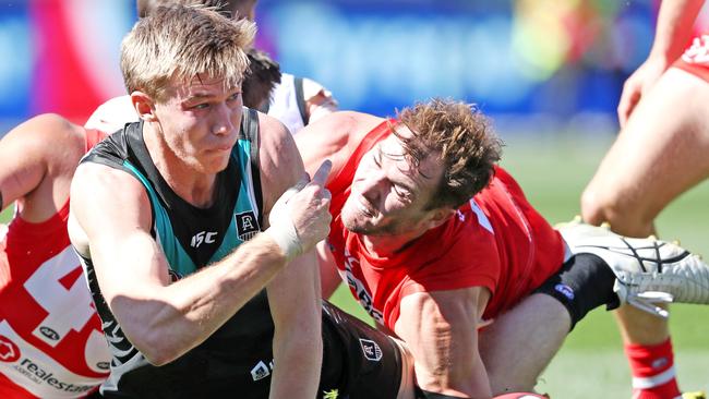 Port Adelaide's Todd Marshall and Sydney's Jackson Thurlow Picture: Sarah Reed