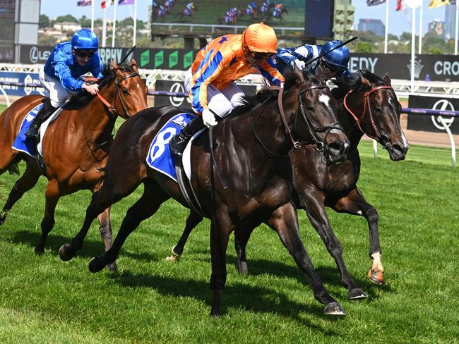 MELBOURNE, AUSTRALIA - NOVEMBER 11: Opie Bosson riding Imperatriz winning Race 6, the Darley Champions Sprint,during Stakes Day at Flemington Racecourse on November 11, 2023 in Melbourne, Australia. (Photo by Vince Caligiuri/Getty Images)