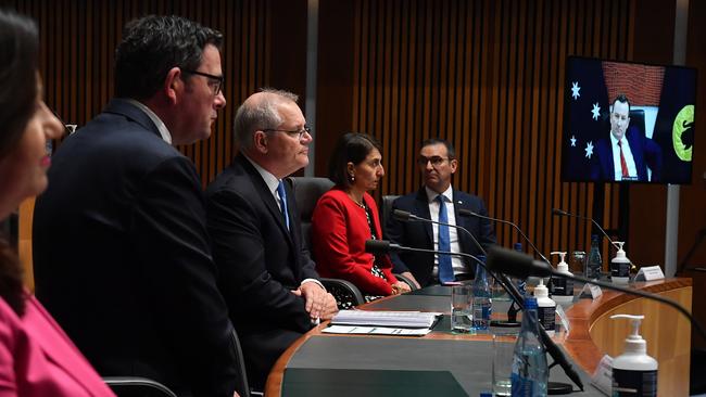 State Premiers and Prime Minister, from left: Annastacia Palaszczuk, Daniel Andrews, Scott Morrison, Gladys Berejiklian, Steven Marshall and Mark McGowan via video link from Perth. Picture: Sam Mooy/Getty Images