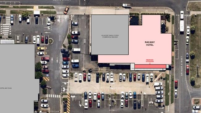 This aerial shot shows the Railway Hotel Yeppoon (lighter red colour) and its proposed extension (darker red coloured area).