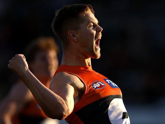 Giants Harry Himmelberg celebrates kicking the winning goal during the AFL Gather Round match between GWS Giants and Hawthorn Hawks at Norwood Oval, Adealide on April 16, 2023.  Photo by Phil Hillyard(Image Supplied for Editorial Use only - **NO ON SALES** - Â©Phil Hillyard )