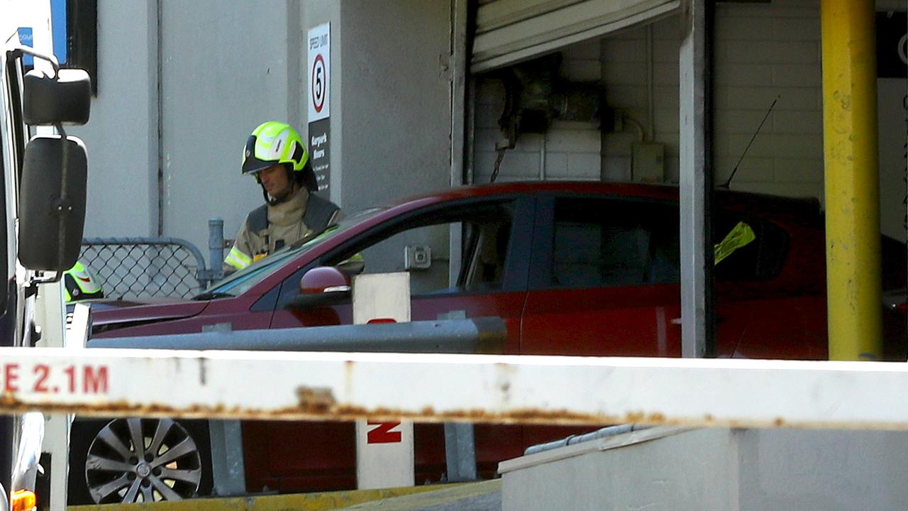 A car appeared to be wedged against a barrier at the Market Square carpark off Yarra St. Picture: Alison Wynd