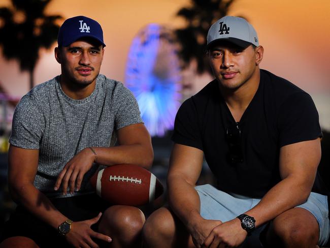 Jason Taumalolo and Valentine Holmes enjoy the Santa Monica sunset ahead of their Los Angeles NFL testing camp. Pic Nathan Edwards
