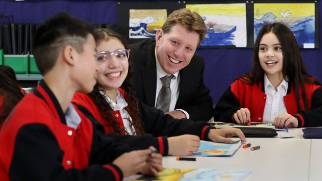 Toongabbie Public School principal Craig Brown with students James Laing, Lara Abi Tamir and Carys Malu on Tuesday. Picture: Jane Dempster