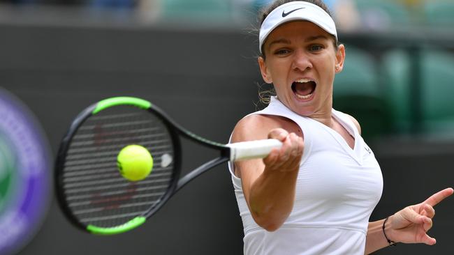 Simona Halep on her way to beating Zhang Shuai on Tuesday night. Picture: AFP