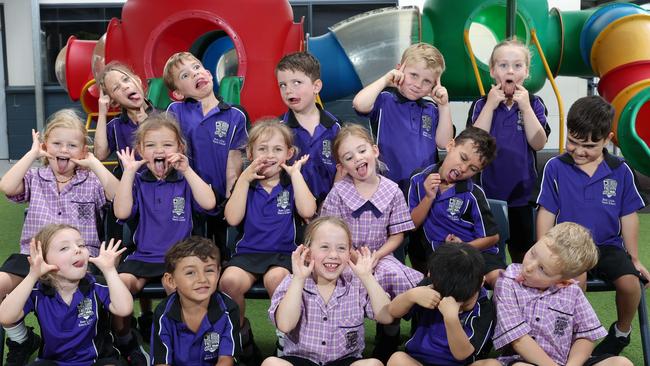 My First Year: Broadbeach State School Prep W. Front row: Charlotte, Matteo, Lili, Mason, Damien. Middle row: Lina, Sunny, Evie, Pippa, Ari, Romeo. Back row: Aiko, Tasman, Leo, Rocco, Veronica. Picture: Glenn Hampson.