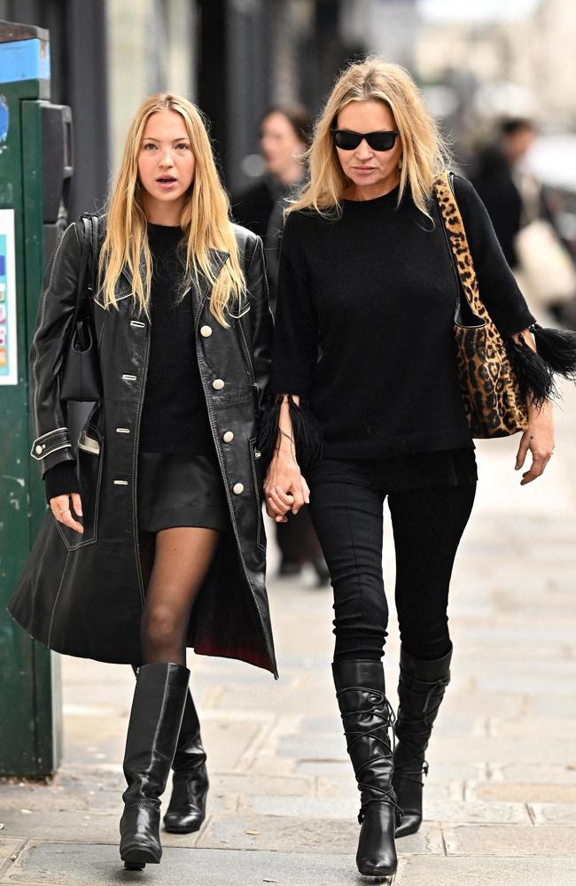 Like mother, like daughter - Lila Grace Moss and mum Kate hold hands as they shop in Paris. Picture: Backgrid