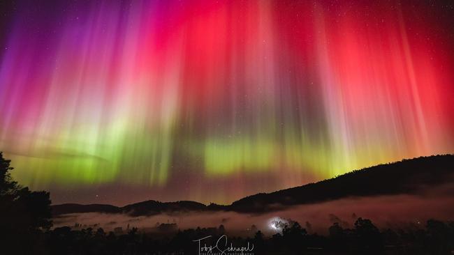 Toby Schrapel photographed the aurora australis in Judbury, Huon Valley, Tasmania. Picture: Toby Schrapel