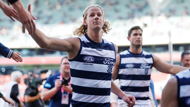 ADELAIDE, AUSTRALIA – APRIL 16: Sam De Koning of the Cats leaves the field after a win during the 2023 AFL Round 05 match between the Geelong Cats and the West Coast Eagles at Adelaide Oval on April 16, 2023 in Adelaide, Australia. (Photo by Dylan Burns/AFL Photos via Getty Images)