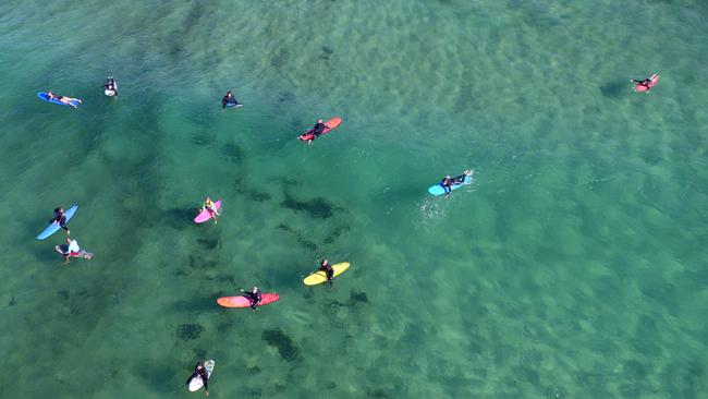 Drone vision shows an aerial view over Bondi Beach. Picture: Joshua Hulm