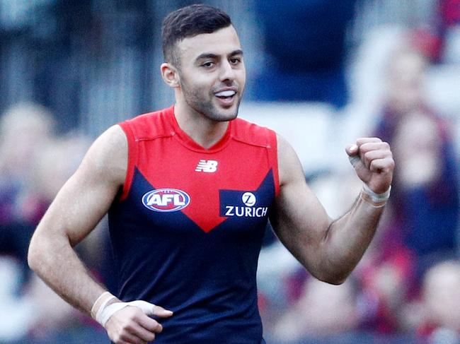 Christian Salem of the Demons celebrates a goal during the Round 20 AFL match between the Melbourne Demons and the Gold Coast Suns at the MCG in Melbourne, Sunday, August 5, 2018. (AAP Image/Daniel Pockett) NO ARCHIVING, EDITORIAL USE ONLY