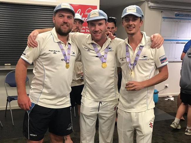 Langwarrin premiership players Taylor Smith, Mal Coutts and Matt Prosser.