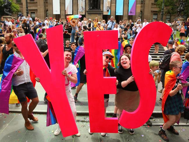 People in the crowd celebrate as the result is announced in Victoria. Picture: Getty