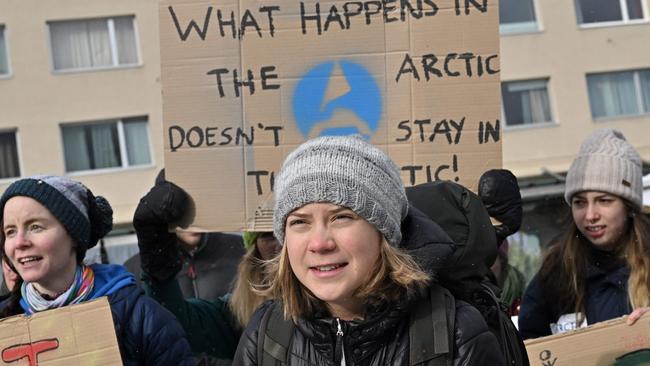 Sweden's Greta Thunberg and other young climate activists stage an unauthorised demonstration in Davos last year. Picture: AFP