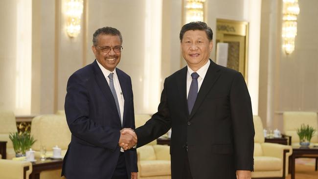 World Health Organisation director general Tedros Adhanom with Chinese President Xi Jinping at the Great Hall of the People in Beijing on January 28, 2020. Picture: AFP