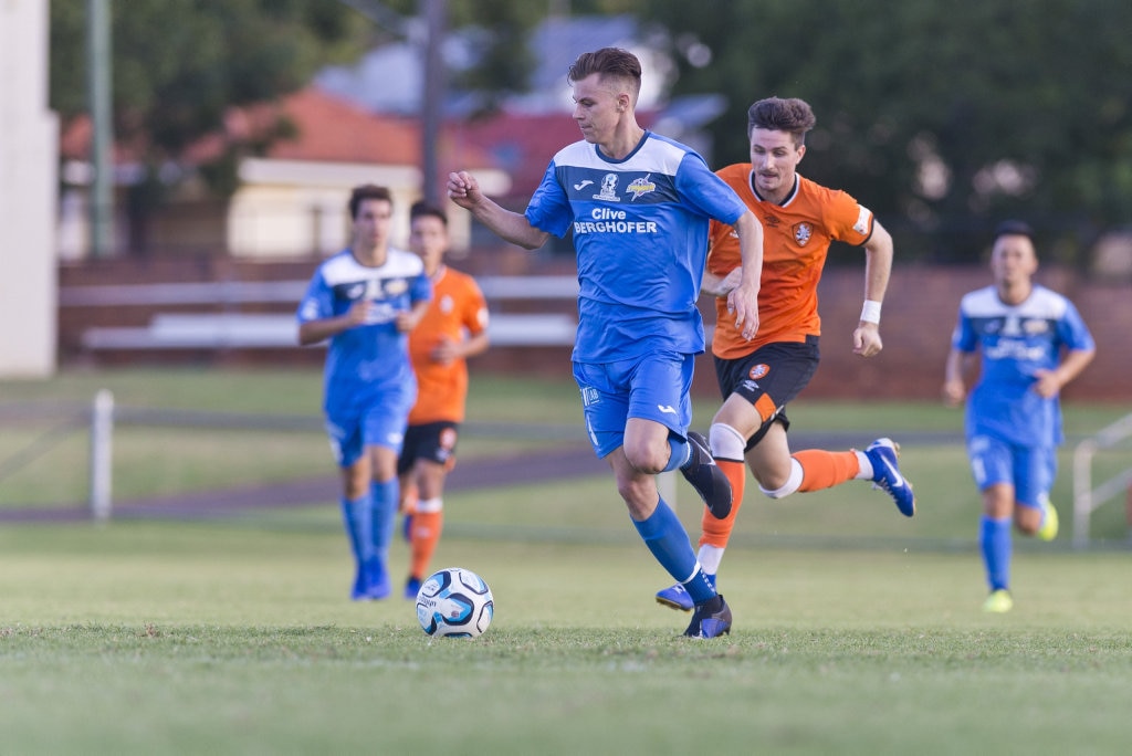 Wade Hall for South West Queensland Thunder against Brisbane Roar in NPL Queensland men round two football at Clive Berghofer Stadium, Saturday, February 9, 2019. Picture: Kevin Farmer