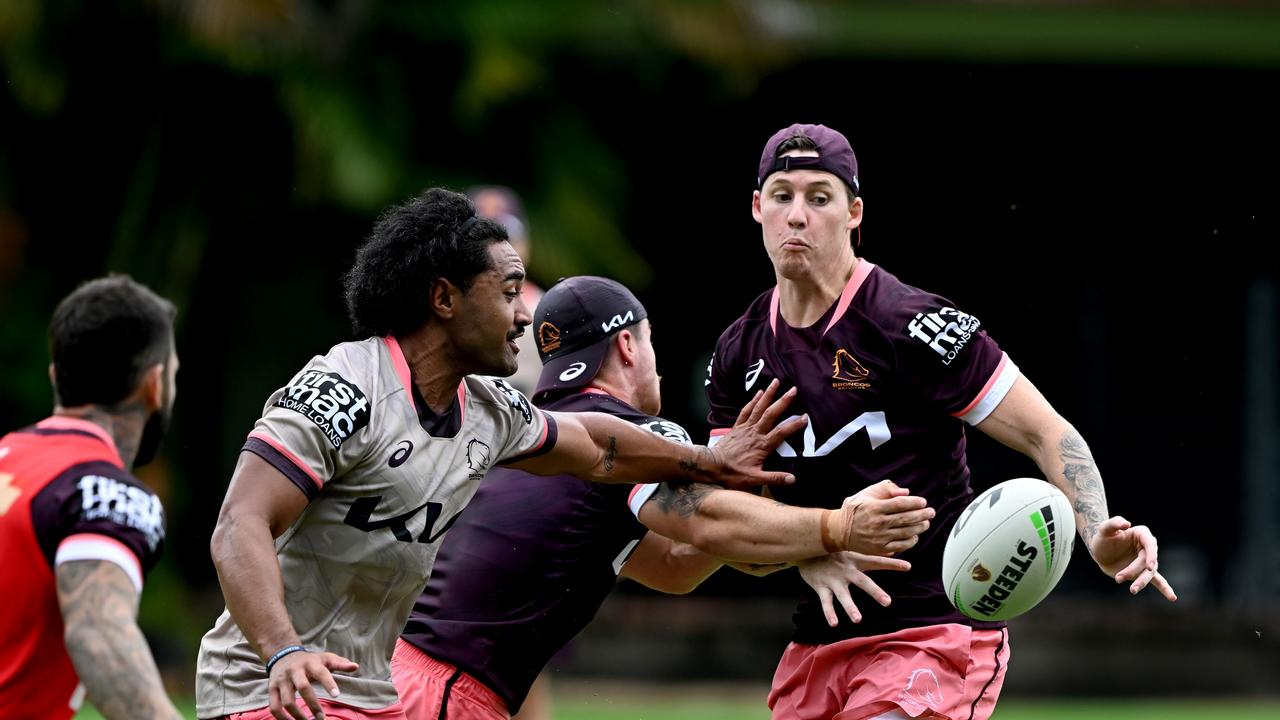 Josh Rogers gets a pass away during a Brisbane Broncos NRL training session (Photo by Bradley Kanaris/Getty Images)