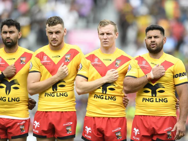 (L-R) Alex Johnston, North Queensland Cowboys player Zac Laybutt with brother Kyle Laybutt of the Townsville Blackhawks and Rhyse Martin for Papua New Guinea during the 2023 Pacific Championship. Picture: NRL Imagery