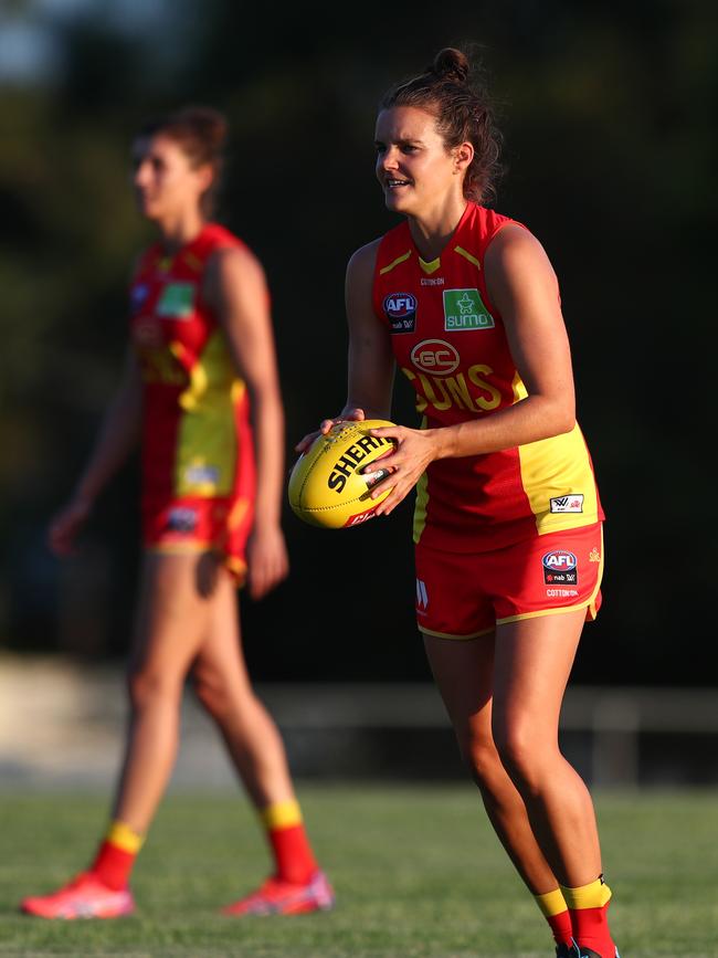 BRISBANE, AUSTRALIA - JANUARY 29: Sally Riley kicks during a Gold Coast Suns AFLW training session at Leyshon Park on January 29, 2020 in Brisbane, Australia. (Photo by Chris Hyde/Getty Images)