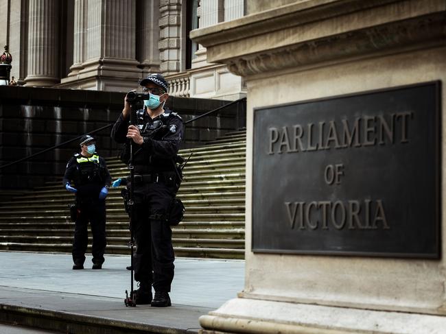 Police patrol at Parliament House in expectation of anti lockdown protesters. Picture: Getty