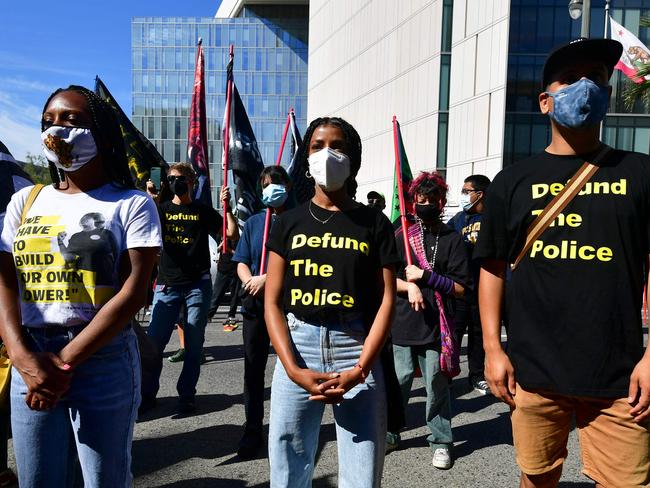 Activists and supporters of Black Lives Matter, gather in front of Los Angeles Police Departments headquarters, on the one-year anniversary of George Floyd's death. Picture: AFP