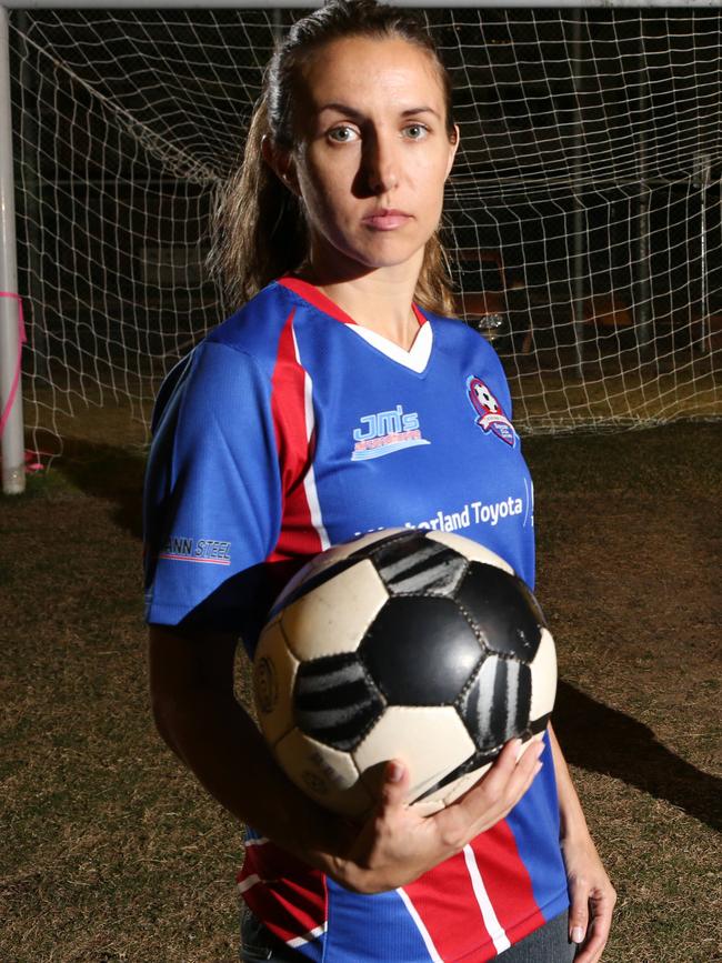 Robina captain Serena Davidson and Broadbeach Captain Gemma Hicks before the Women's Premier League soccer grand final at Nikiforides Park on Sunday. Picture Glenn Hampson