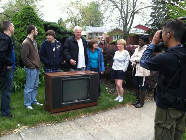 Dorothy, Debra and her family with their old television. Picture: Dorothy Breininger 