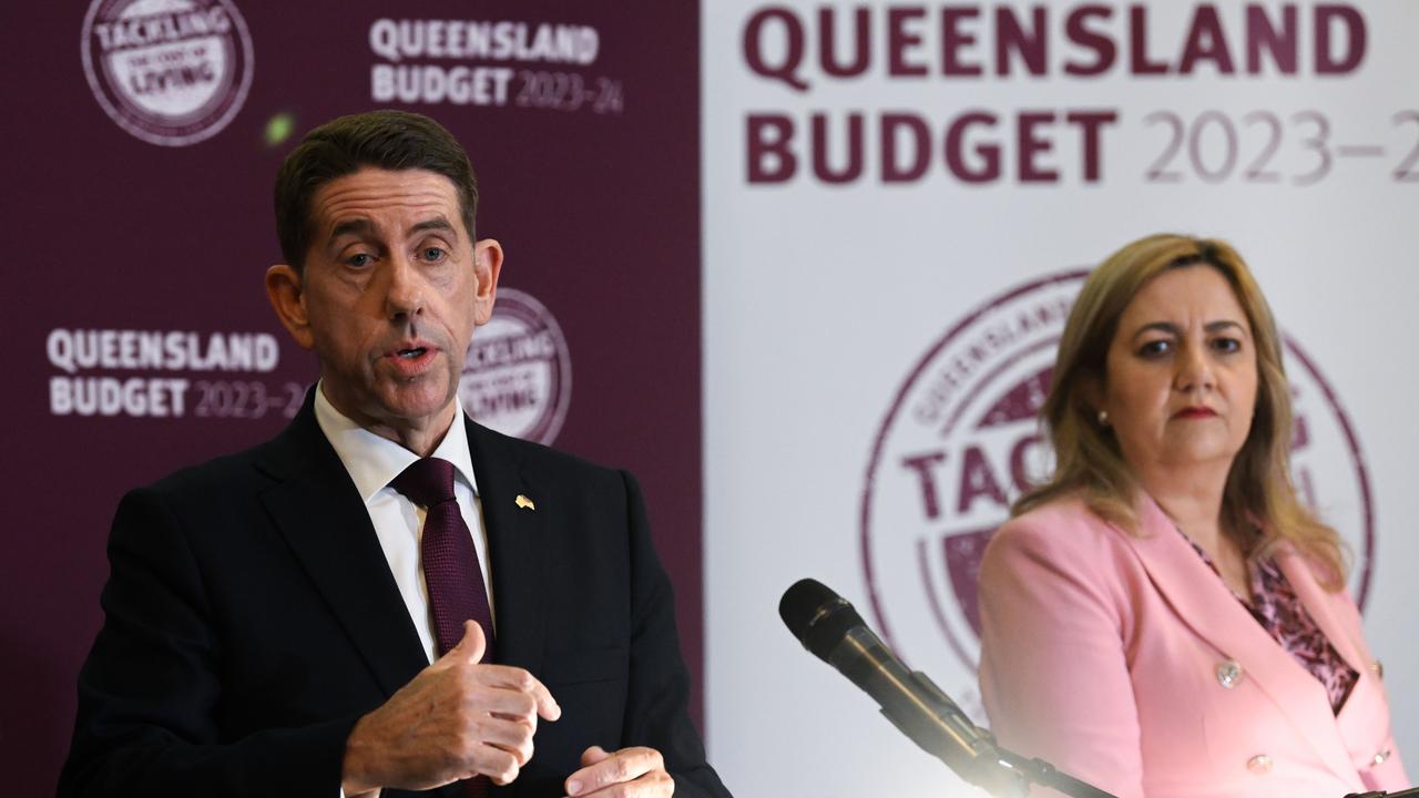 Treasurer Cameron Dick and Premier Annastacia Palaszczuk during a press conference in the 2023/24 state budget lockup at Parliament House in Brisbane on Tuesday. Picture: Dan Peled / NCA NewsWire