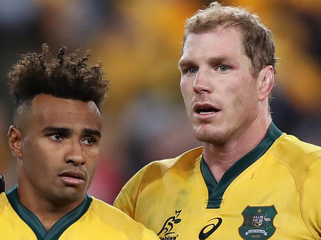 A dejected Will Genia and David Pocock after Australia's loss in the Australian Wallabies v New Zealand All Blacks Bledisloe Cup match at ANZ Stadium, Homebush. Picture: Brett Costello