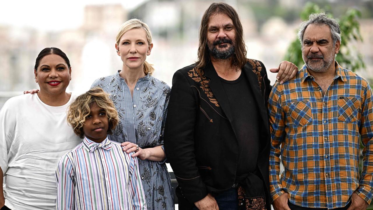 Deborah Mailman, Alice Springs actor Aswan Reid, Cate Blanchett, Warwick Thornton and Wayne Blair during a photocall for Thornton’s 2023 film, The New Boy, at the Cannes Film Festival. (Photo by LOIC VENANCE / AFP)