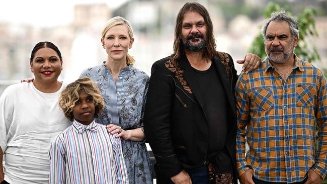 Deborah Mailman, Alice Springs actor Aswan Reid, Cate Blanchett, Warwick Thornton and Wayne Blair during a photocall for Thornton’s 2023 film, The New Boy, at the Cannes Film Festival. (Photo by LOIC VENANCE / AFP)