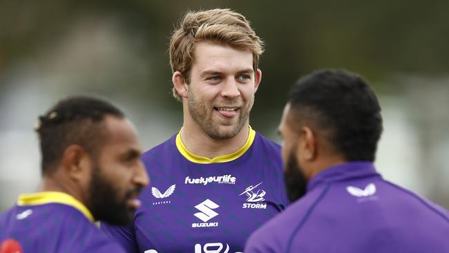 MELBOURNE, AUSTRALIA - APRIL 22: Christian Welch of the Storm looks on in the warm up before a Melbourne Storm NRL training session at Gosch's Paddock on April 22, 2021 in Melbourne, Australia. (Photo by Darrian Traynor/Getty Images)