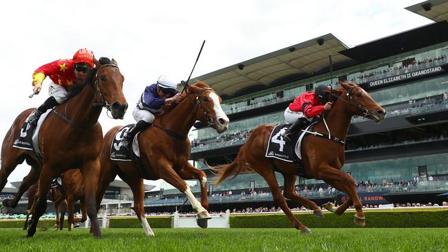 King Kirk (right) beats stablemates Tempestuous (centre) and North England (left) in the Breeders Plate at Randwick. Picture: Jeremy Ng/Getty Images