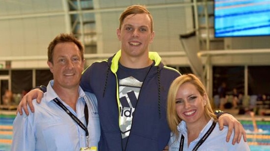 A much younger Kyle Chalmers with Adelaide coaches Peter Bishop and Shelly Jarrett. Picture: Supplied