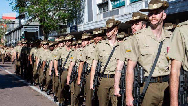 The Anzac Day march through Knuckey Street in Darwin. Picture: Pema Tamang Pakhrin