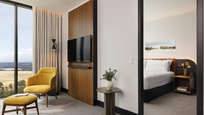 Inside the Crowne Plaza Adelaide Mawson Lakes bedroom suite. Picture: Supplied